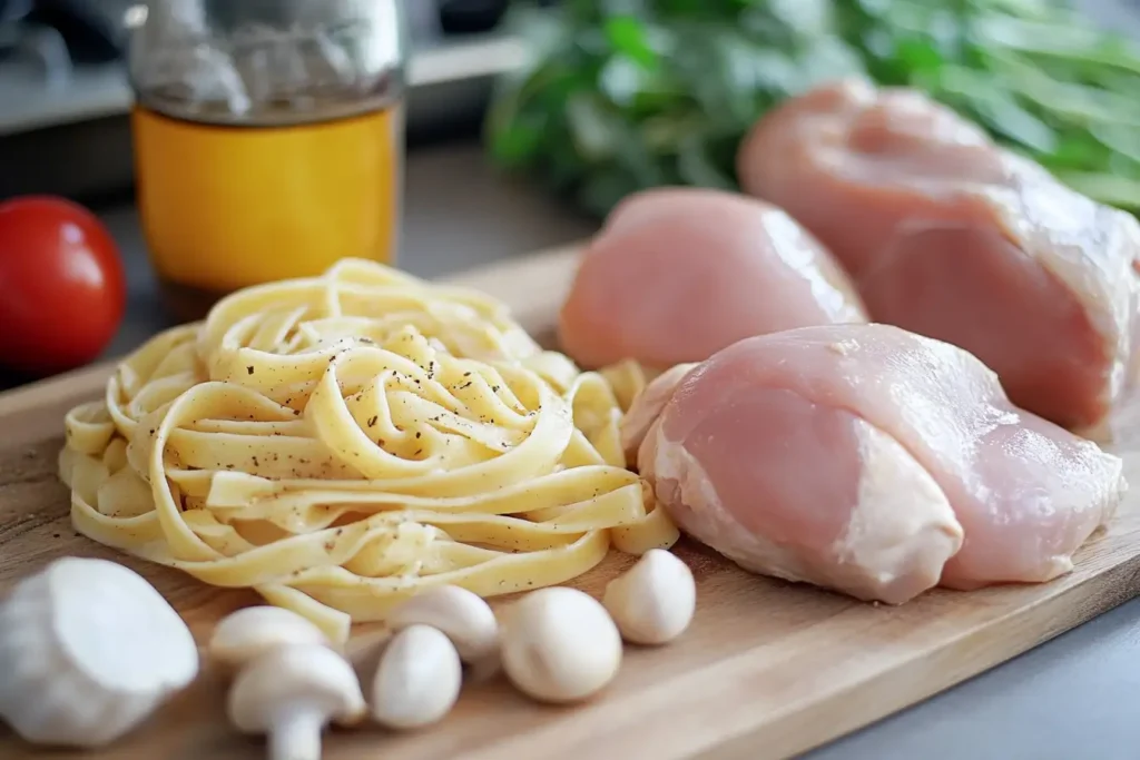 Essential ingredients for Chicken Marsala Fettuccine 