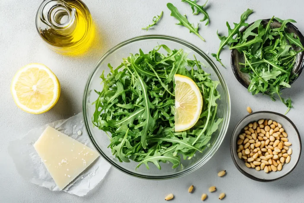 Essential ingredients for lemon arugula salad