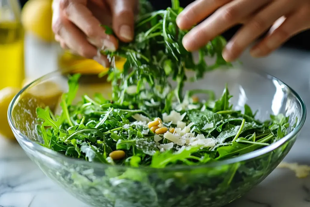 Fresh lemon arugula salad being tossed in a bowl