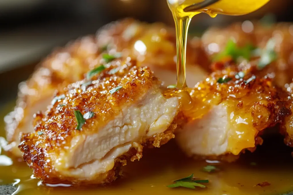 Glazing crispy chicken with honey butter sauce