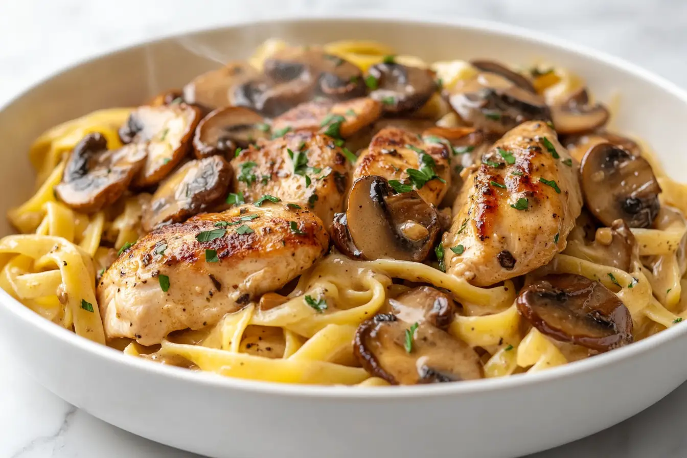 Golden Chicken Marsala Fettuccine with seared poultry and caramelized mushrooms