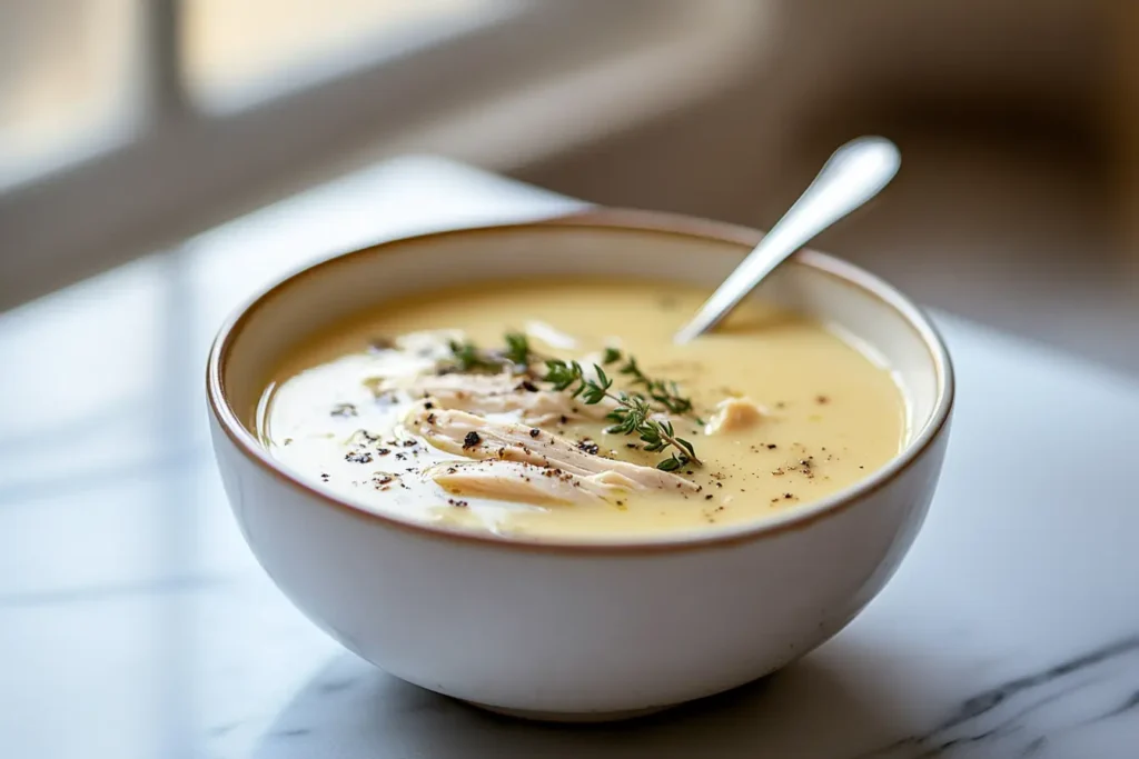 Creamy Marry Me Chicken Soup in white bowl with fresh herbs