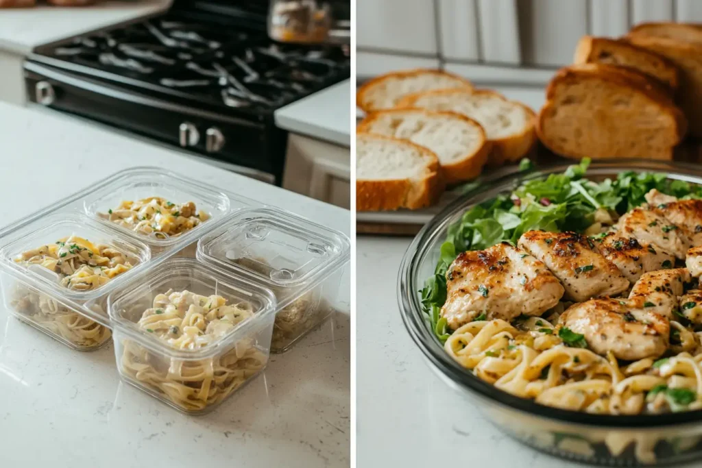 Meal prepping and serving Chicken Marsala Fettuccine with sides