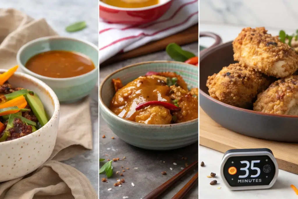 Three images: crispy chicken crust, honey butter sauce, and a kitchen timer