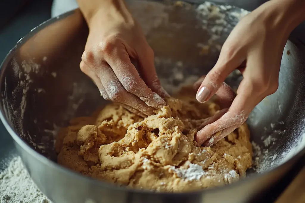 A Baker’s Hands Kneading Soft Cookie Dough In A Mixing Bowl, Ready To Make Coffee Cake Cookies.