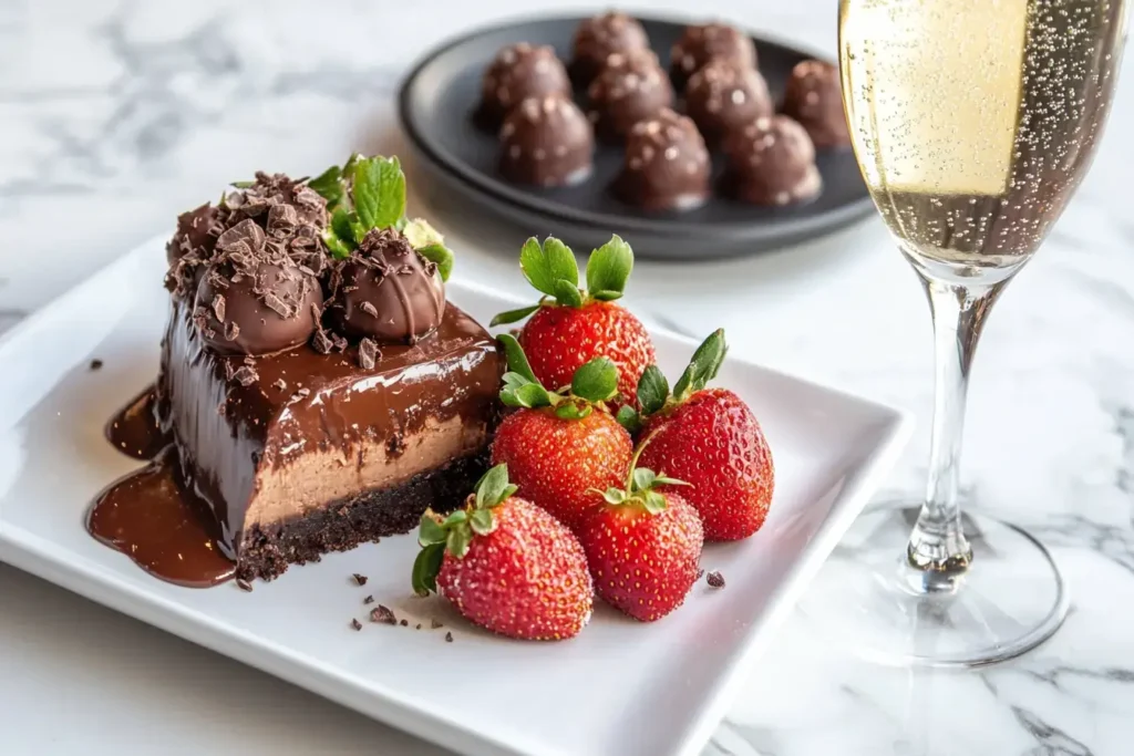 A Beautifully Plated Serving Suggestion With Chocolate Cheesecake Deviled Strawberries Next To A Glass Of Port Wine And A Plate Of Mini Chocolate Truffles
