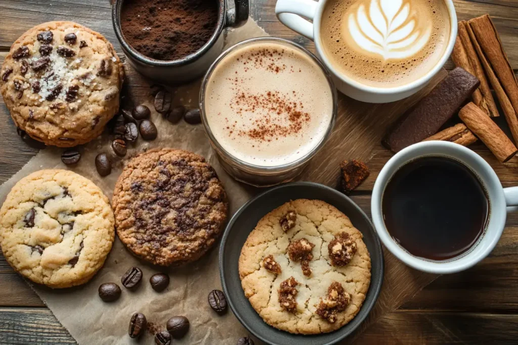 A Beautifully Styled Flat Lay Of A Coffee Table Set With Various Coffee Drinks—french Press, Cold Brew, Turkish Coffee—each Paired With A Different Coffee Cake Cookie Variation