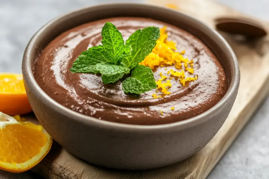 A Bowl Of Keto Chocolate Mousse With Mint Leaves And Orange Zest On The Side For Flavor Customization Options.
