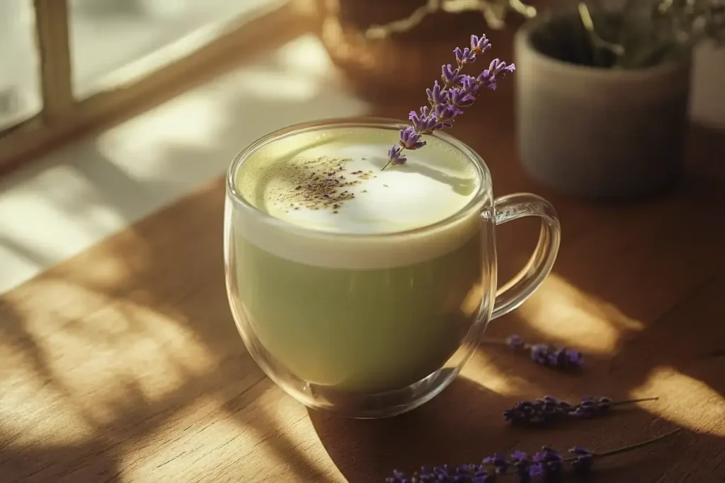 A Calming Lavender Matcha Latte Served In A Clear Glass Mug With Frothy Milk And A Sprig Of Lavender