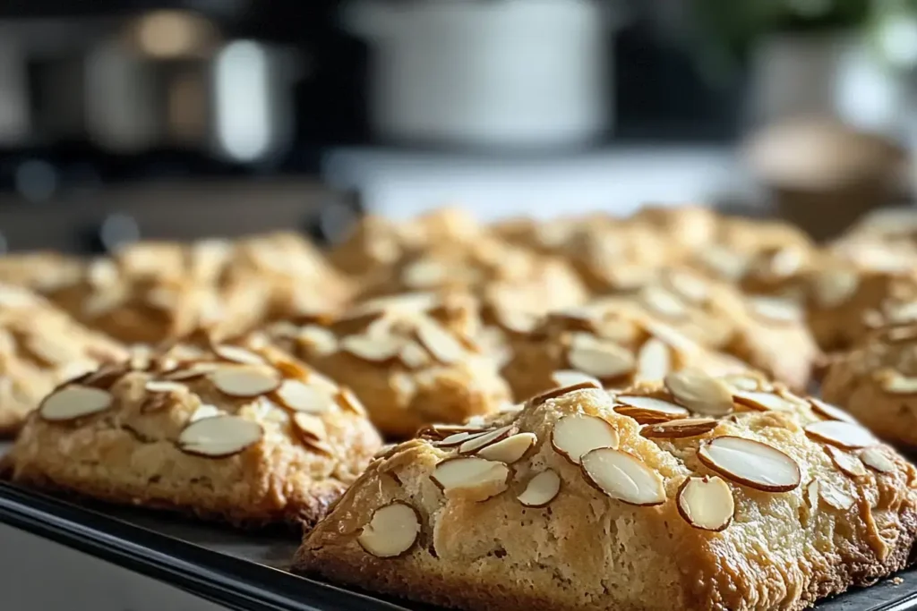 A Close Up Of Almond Croissant Cookies With Golden Layers, Sliced Almonds, And A Shiny Glaze
