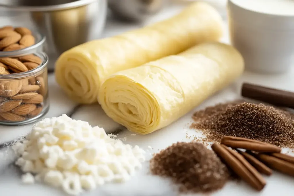 A Collection Of Ingredients For Almond Croissant Cookies On A Modern Kitchen Counter.