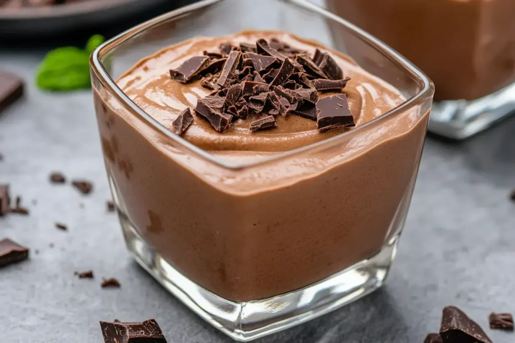 A Creamy Bowl Of Keto Cottage Cheese Chocolate Mousse Garnished With Dark Chocolate