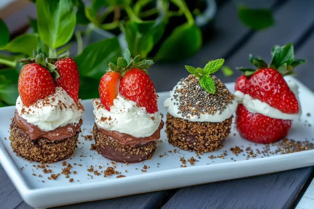 A Creative Composition Showing Four Variations Of The Chocolate Cheesecake Deviled Strawberries One With Filled Cheese Cream, One Topped With Graham Cracker Crumble, One With Topped Chia Seeds
