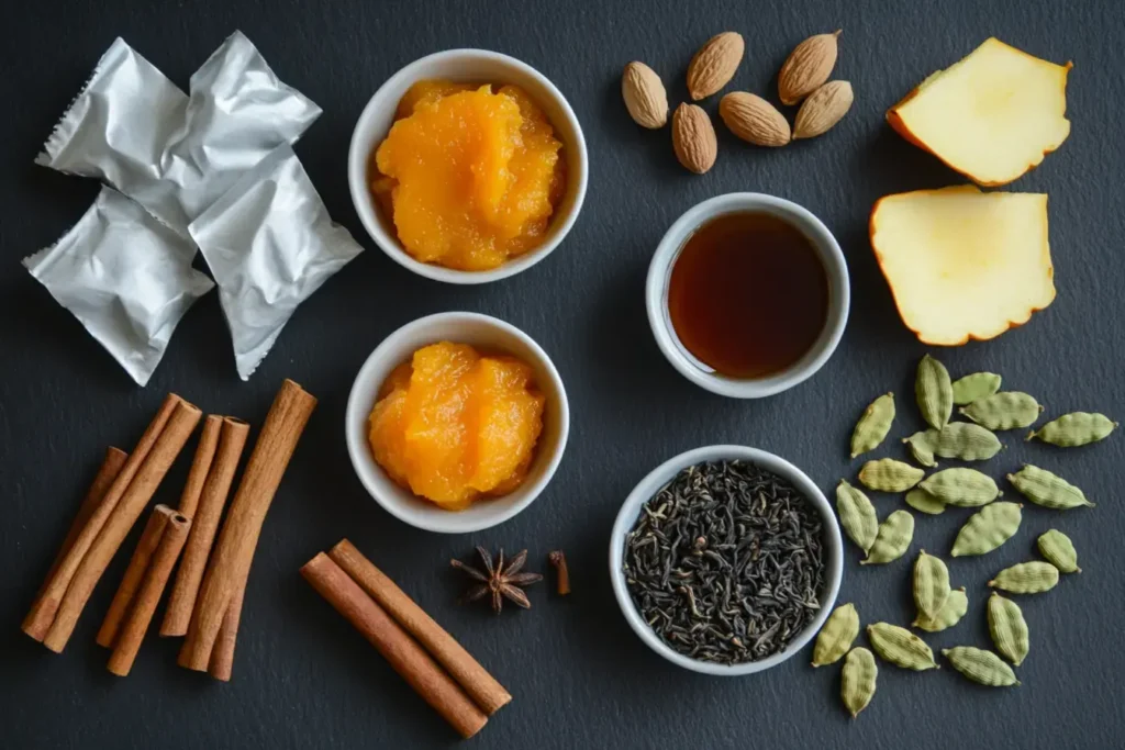 A Detailed Flat Lay Of Ingredients For A Pumpkin Spice Chai Latte