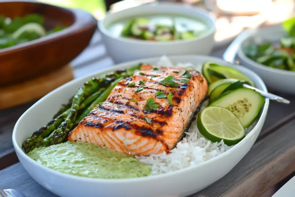 A Dinner Spread Featuring Grilled Salmon Salad With Lime And Delicious Side Dishes