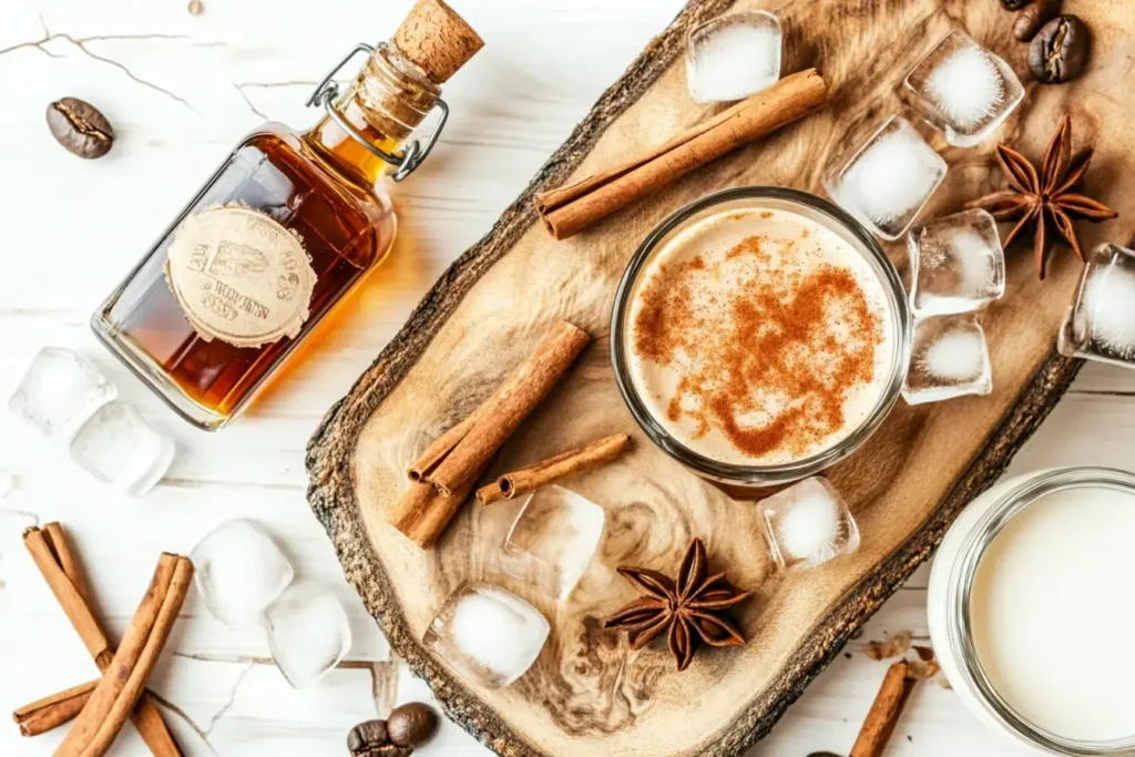 A Flat Lay Of Cinnamon Syrup, Espresso, Milk, Ice Cubes, And Cinnamon Sticks.