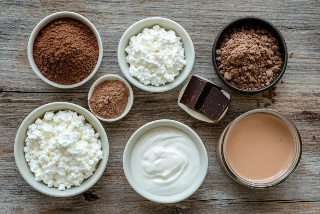 A Flat Lay Of Key Ingredients For Keto Chocolate Mousse Cottage Cheese, Cocoa Powder, Heavy Cream, And Sweetener Arranged Neatly On A Wooden Countertop.