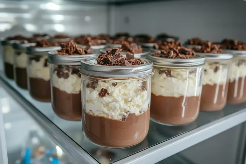 A Fridge Shelf With Jars Of Cottage Cheese Chocolate Mousse Covered With Parchment Paper To Prevent Skin Formation.