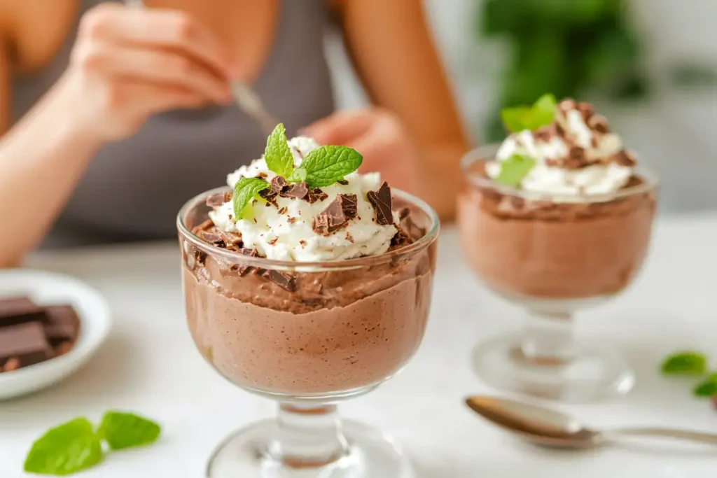A Glass Of Cottage Cheese Chocolate Mousse On A Diner Table, Surrounded By Mint Leaves