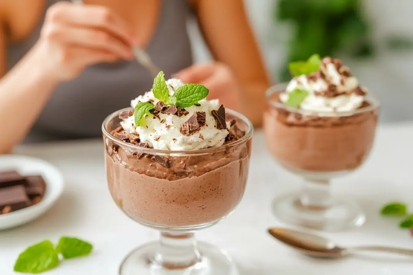 A Glass Of Cottage Cheese Chocolate Mousse On A Diner Table, Surrounded By Mint Leaves
