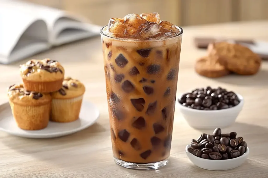 A Glass Of Iced Cinnamon Dolce Latte Paired With Almond Biscotti, A Cinnamon Muffin, And Espresso Beans.