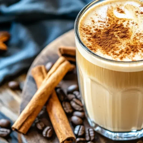 A Glass Of Iced Cinnamon Dolce Latte Topped With Foam And Cinnamon Sticks.