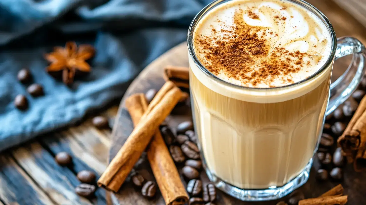 A Glass Of Iced Cinnamon Dolce Latte Topped With Foam And Cinnamon Sticks.