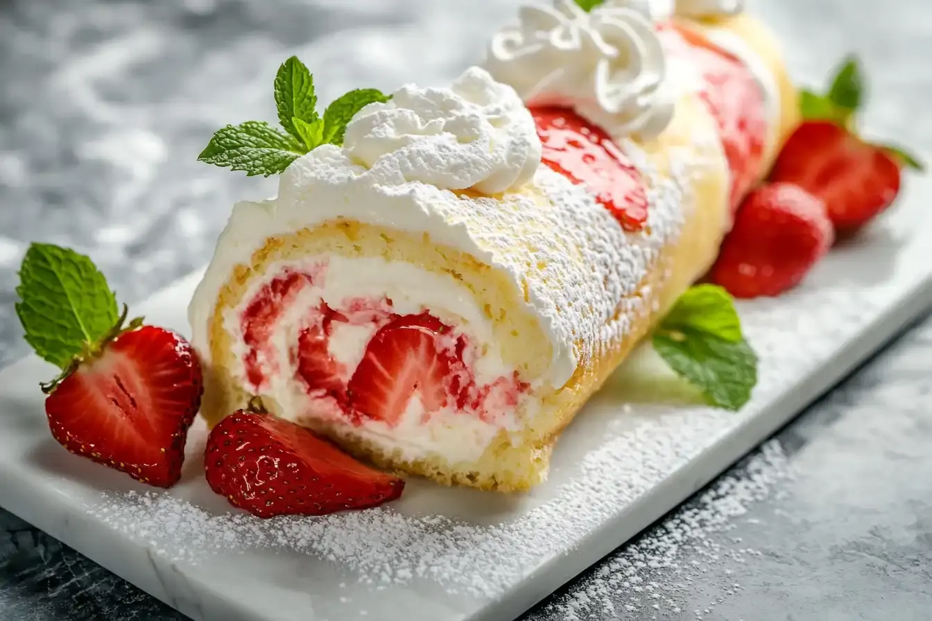 A Light And Airy Strawberry Shortcake Roll With Cream.