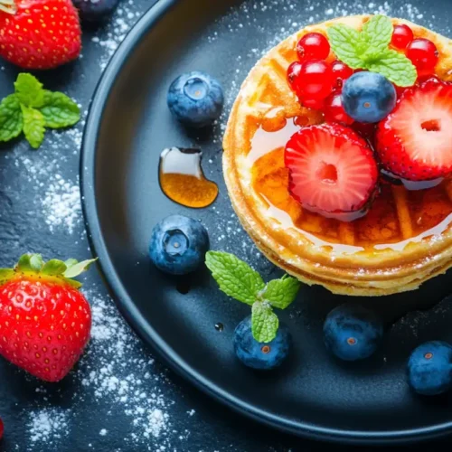 A Modern Breakfast Featuring Mini Waffles With Maple Syrup And Berries