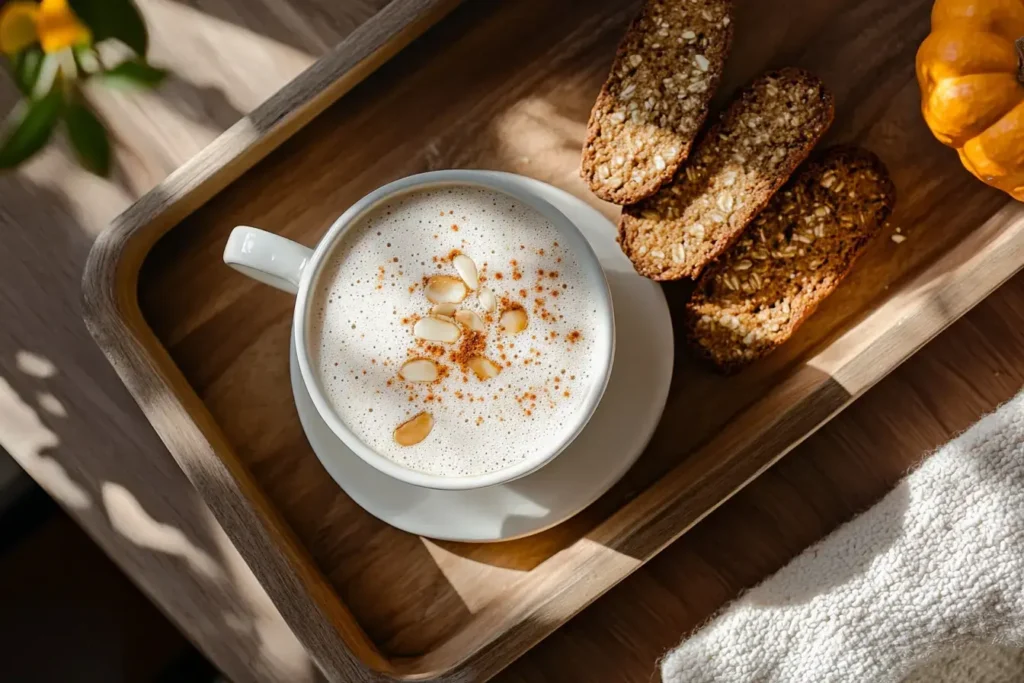 A Modern Breakfast Pairing Of Pumpkin Spice Chai Latte With Almond Biscotti