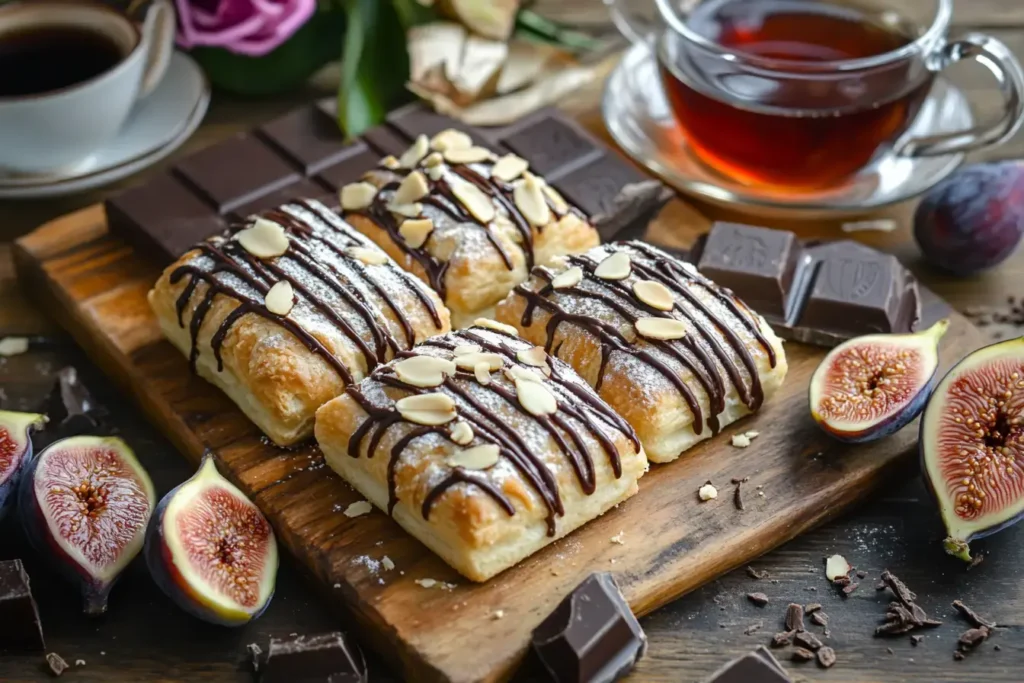 A Modern Dessert Board With Almond Croissant Cookies, Fresh Figs, Chocolate, And Tea.