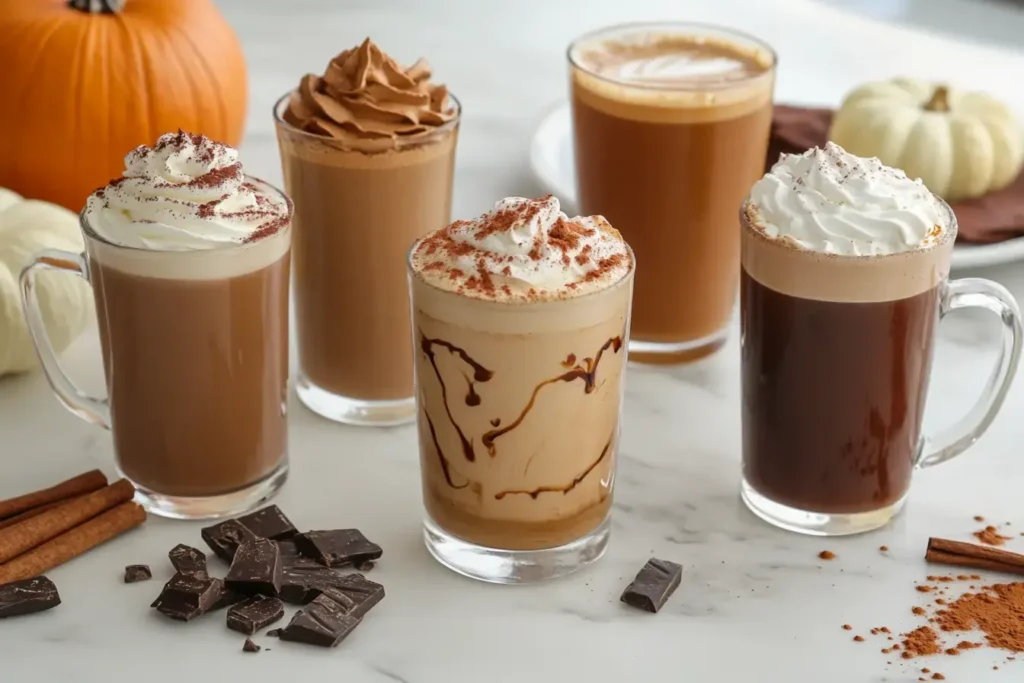 A Modern Display Of Pumpkin Spice Chai Latte Variations With Garnishes