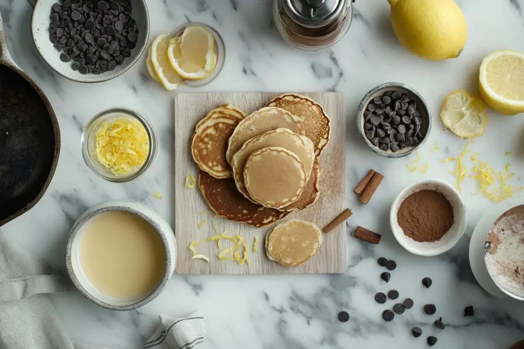 A Modern Kitchen With Recipe Tips And Ingredient Variations For Mini Pancakes.