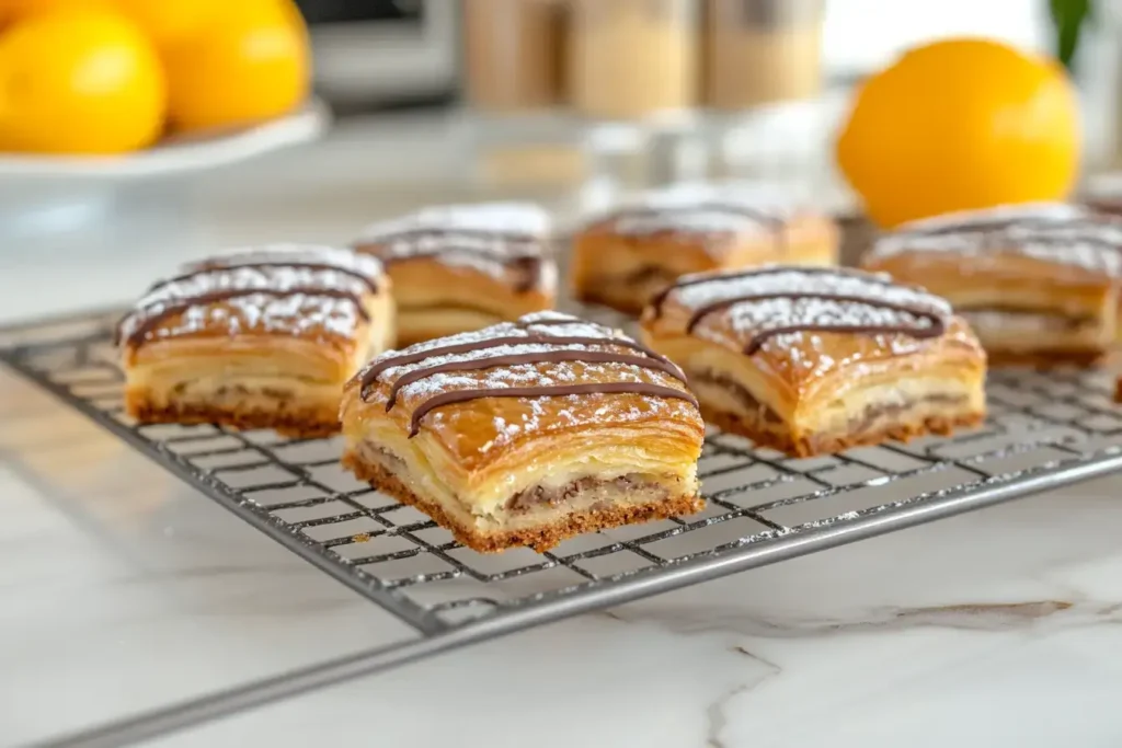 A Modern Kitchen With Variations Of Almond Croissant Cookies, Including Chocolate And Citrus Flavors.