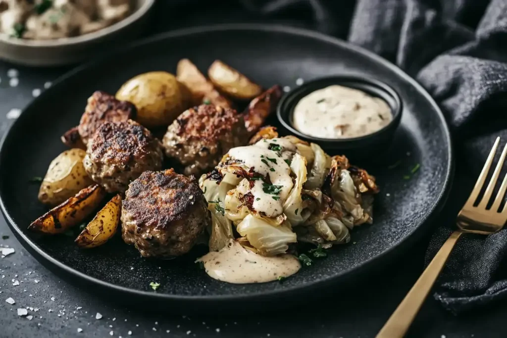 A Modern Plate Of Beef Stroganoff Meatballs With Crispy Sides.