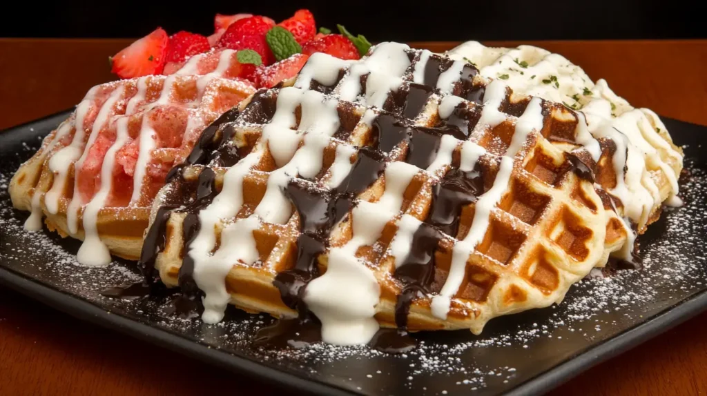 A Modern Plating Of Three Different Mini Waffle Variations With Gourmet Toppings.