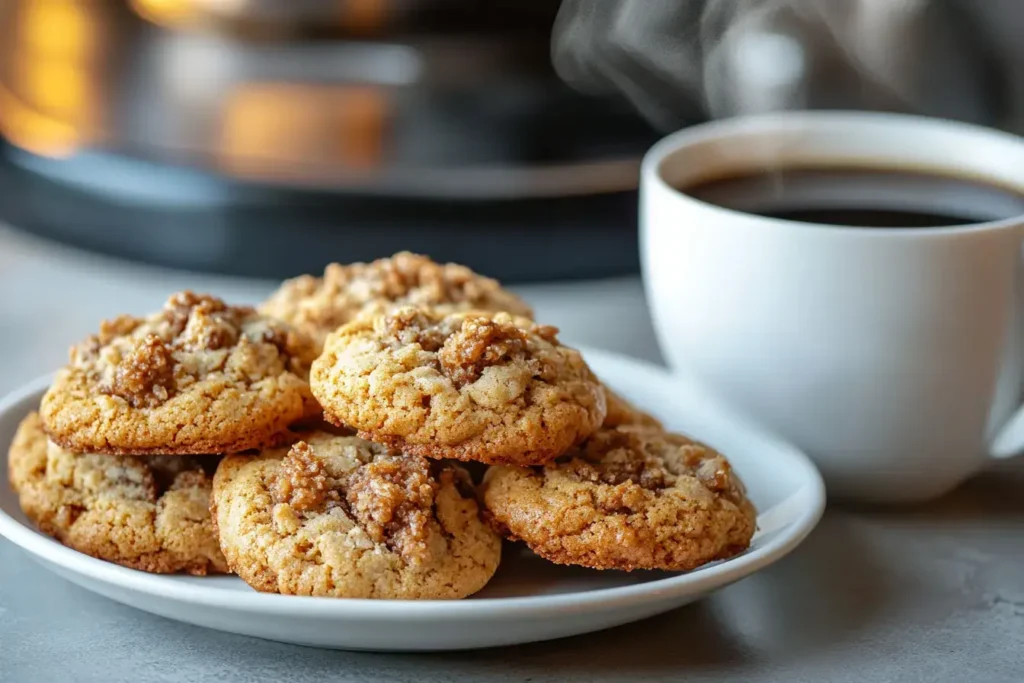 A Plate Of Gilmore Girls Coffee Cake Cookies With Cinnamon Streusel, Served Alongside A Steaming Cup Of Coffee.