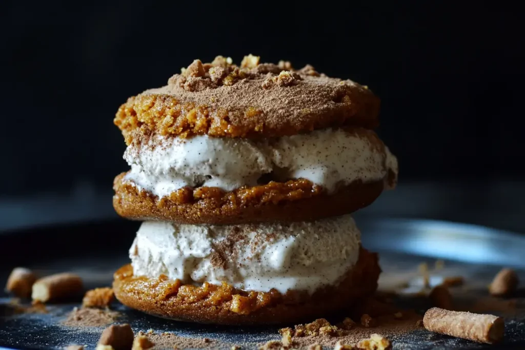 A Pumpkin Coffee Cake Cookie Ice Cream Sandwich With Cinnamon Ice Cream, Rolled In Crushed Gingersnaps.