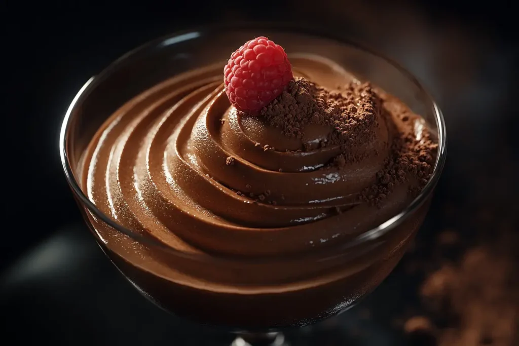 A Rich And Creamy Healthy Chocolate Mousse Topped With Raspberries.
