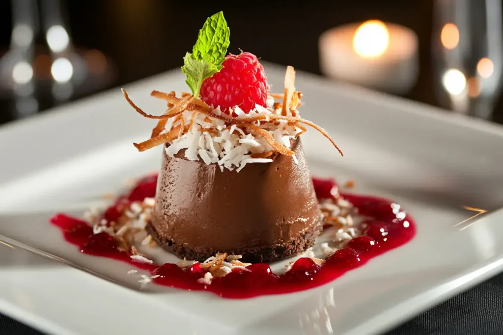 A Serving Of Keto Chocolate Mousse Paired With Toasted Coconut Flakes And Raspberry Coulis On A Plate For Added Texture And Flavor.