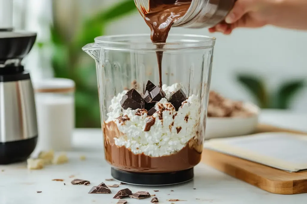 A Step By Step Visual Guide Showing Blending Cottage Cheese And Cocoa Powder, Whipping Cream To Peaks, Folding Ingredients Together, And Serving In Glasses.