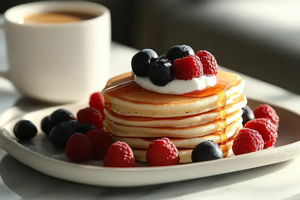 A Stylish Breakfast Spread Featuring Mini Pancakes, Yogurt, And Berries In A Modern Kitchen.