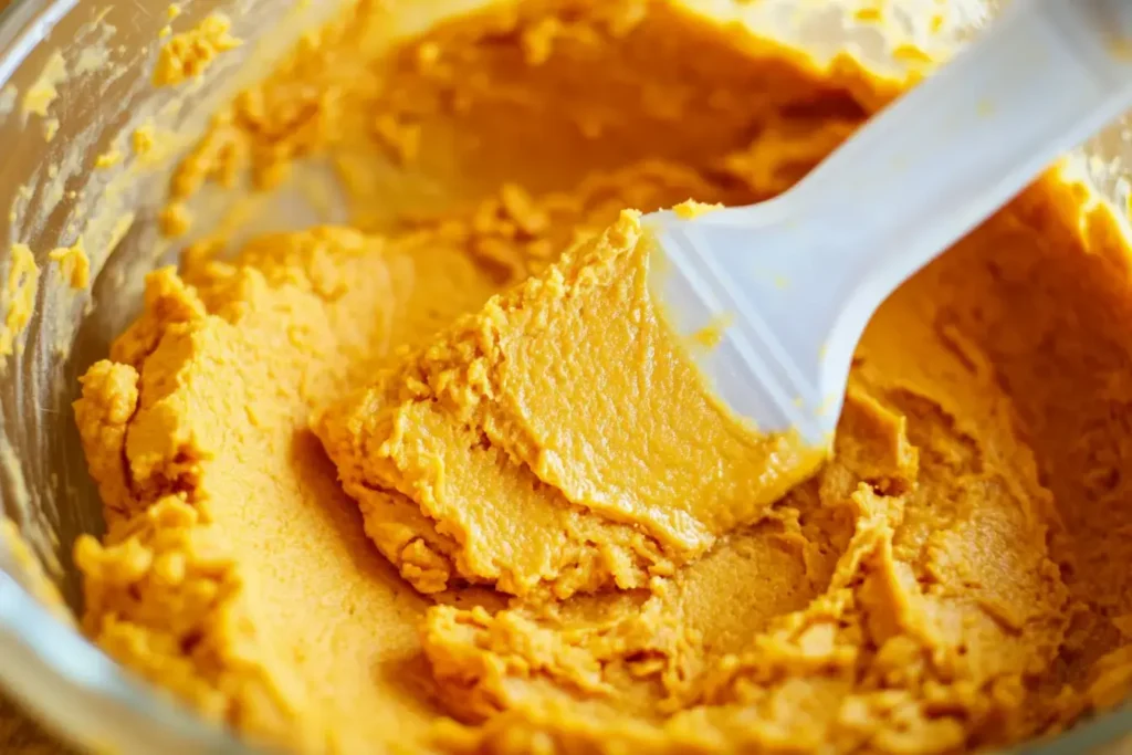 A Thick, Golden Orange Pumpkin Cookie Dough In A Mixing Bowl, Ready For Baking