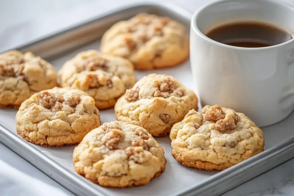 A Tray Of Golden Coffee Cake Cookies With Crisp Streusel Topping Beside A Steaming Cup Of Coffee.