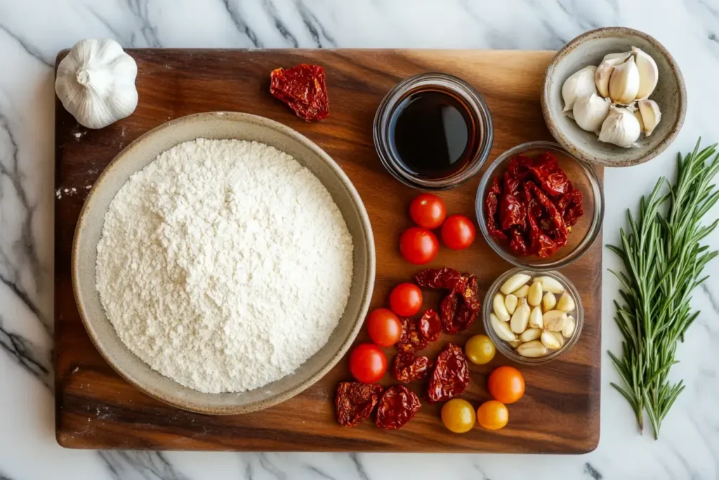 All Ingredients Needed To Make Tomato Focaccia, Including Tomatoes, Garlic, Herbs, And Flour