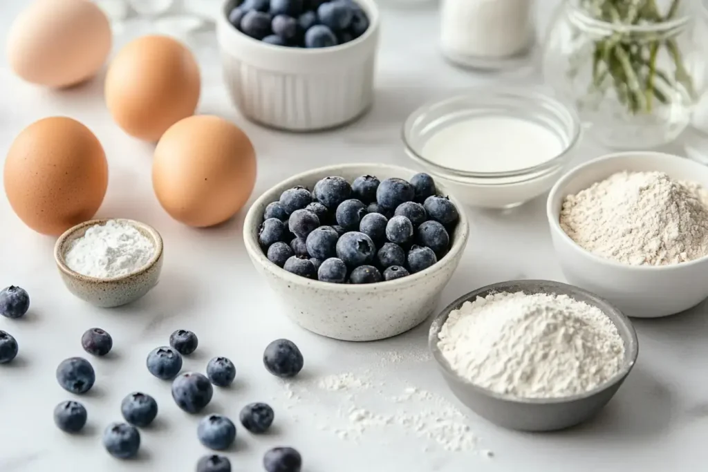 All The Key Ingredients And Substitutes For Mini Blueberry Muffins Arranged On A Kitchen Countertop.
