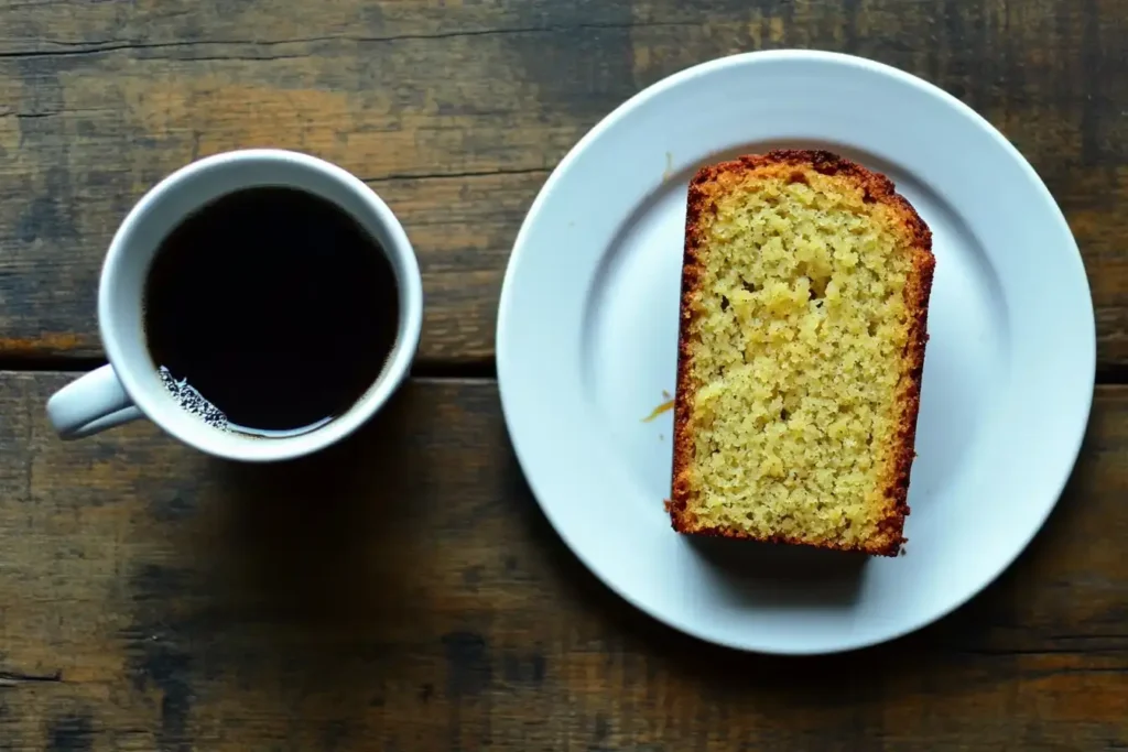 Banana Bread Slice With Honey And Coffee For A Simple Serving Suggestion.