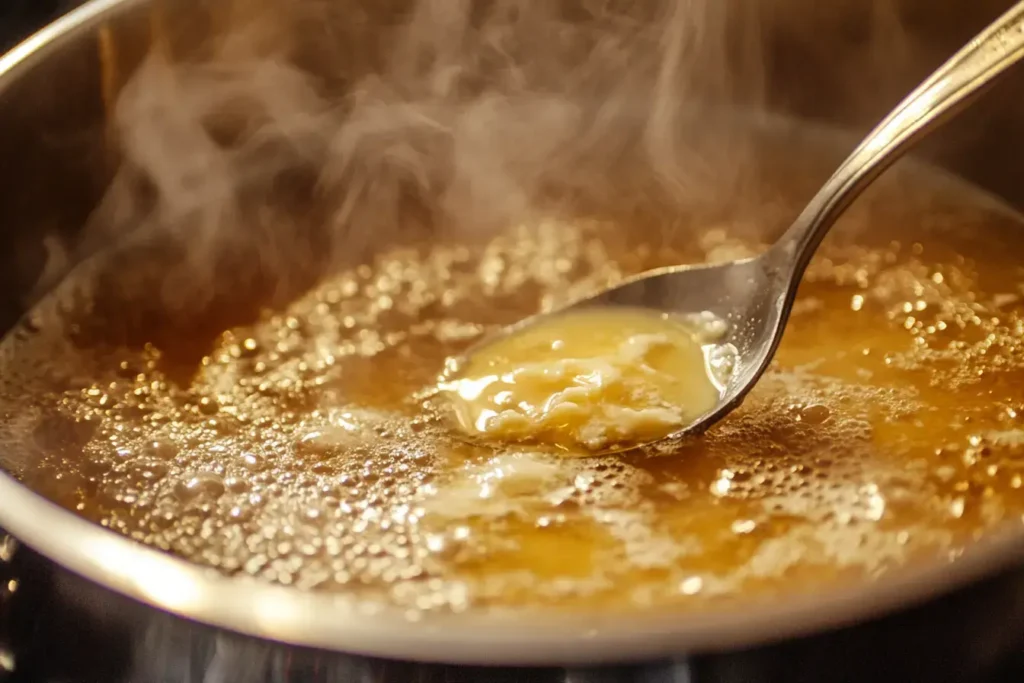 Brown Butter Bubbling In A Stainless Steel Saucepan, With A Spoon Lifting A Golden Stream.