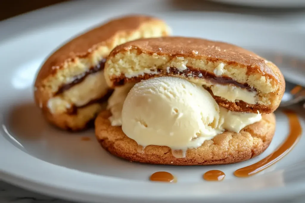Cheesecake Stuffed Cookie Served With Ice Cream And Caramel Drizzle