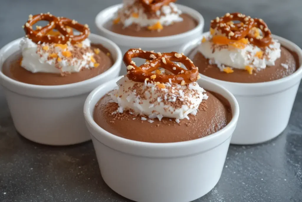 Chocolate Mousse Topped With Toasted Coconut Flakes, Orange Zest, Espresso Powder Dusting, And A Crown Of Crumbled Pretzels
